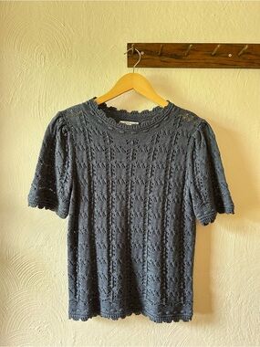 Polagram Navy Blue Crochet Short Sleeve Top with Scalloped Edges